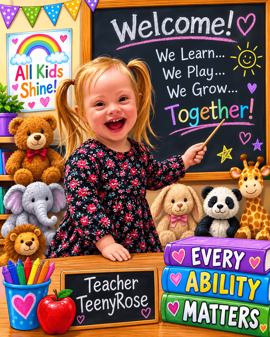 A smiling child points at a chalkboard that reads 'Welcome! We Learn... We Play... We Grow... Together!', with a 'Teacher TeenyRose' nameplate and 'Every Ability Matters' books on the desk.